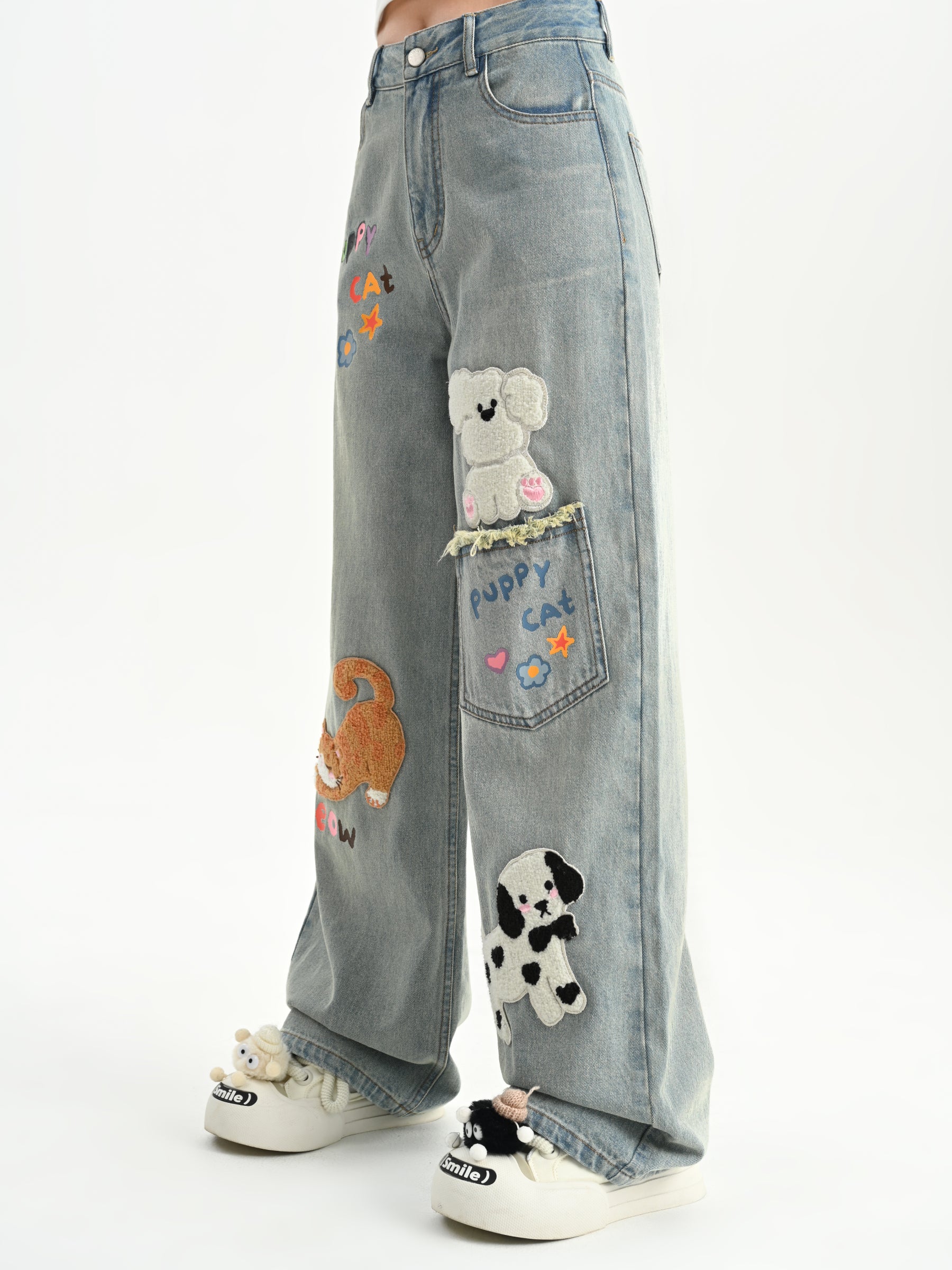 Puppy Cat Party Cute Patch Denim Wide-Leg Jeans-ntbhshop