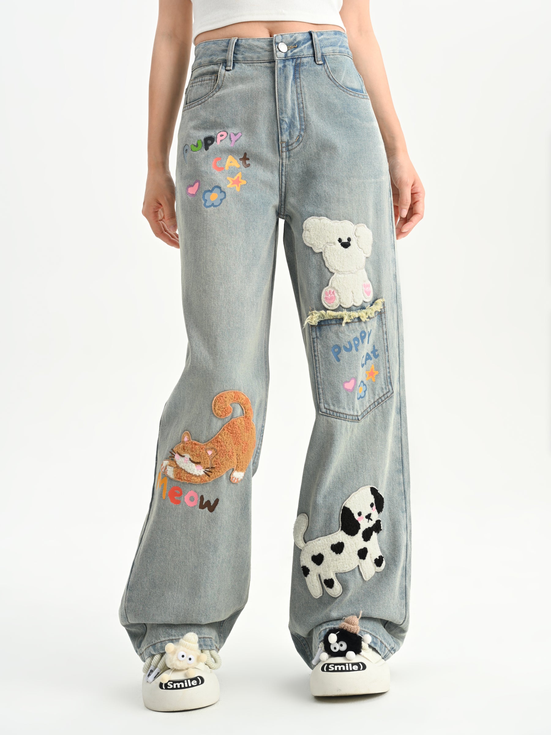 Puppy Cat Party Cute Patch Denim Wide-Leg Jeans-ntbhshop