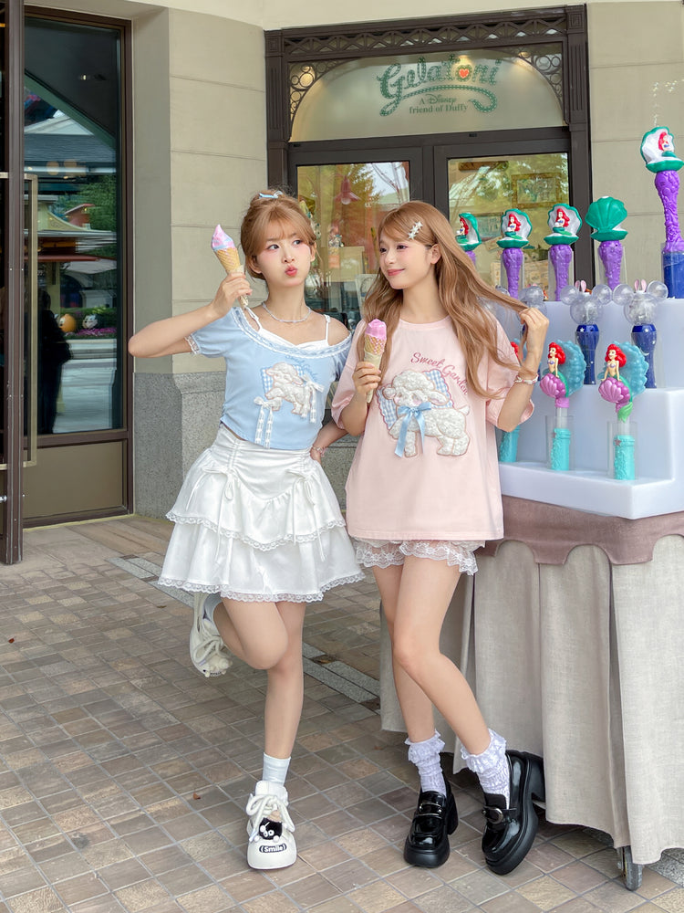 Lamb Love Cute Patch Short Sleeve Tee & Off Shoulder Top-ntbhshop