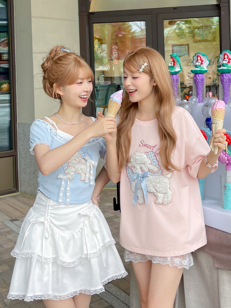 Lamb Love Cute Patch Short Sleeve Tee & Off Shoulder Top-ntbhshop