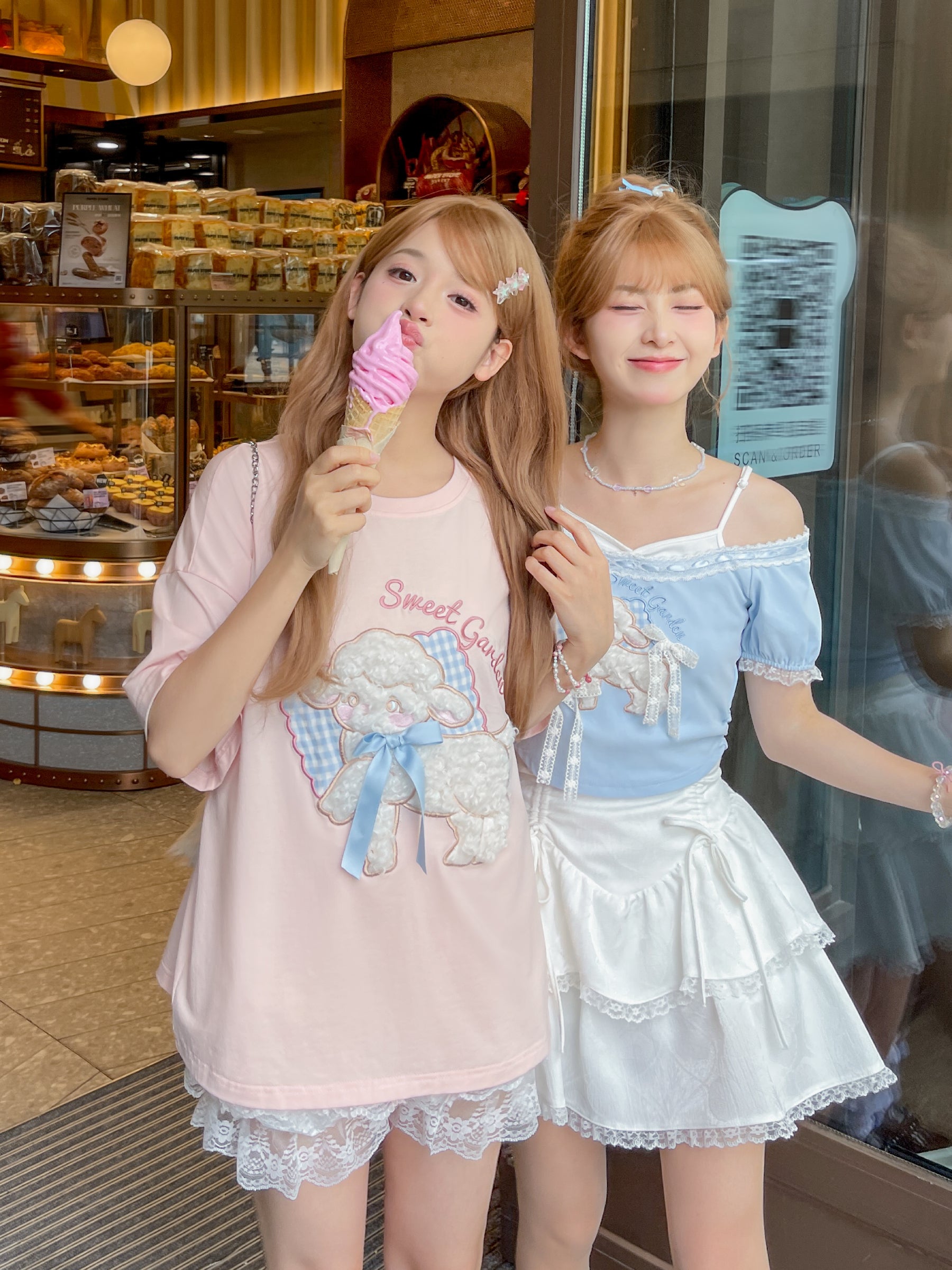 Lamb Love Cute Patch Short Sleeve Tee & Off Shoulder Top-ntbhshop