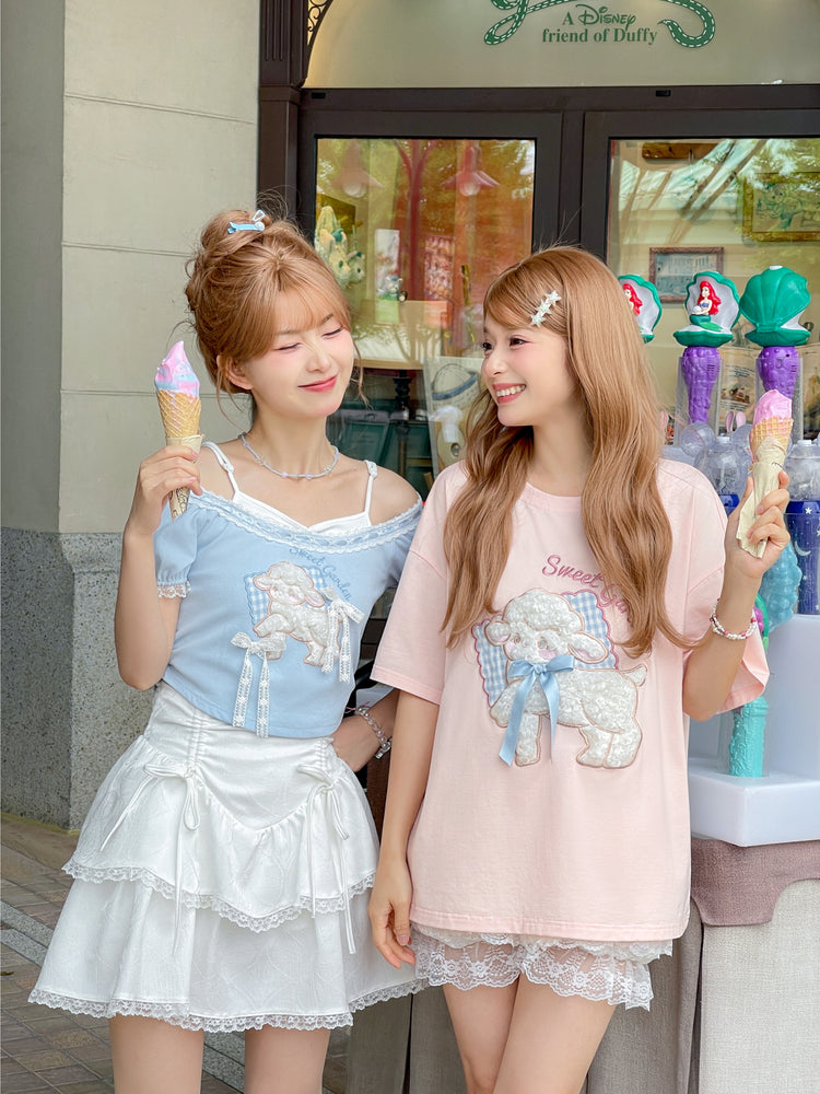 Lamb Love Cute Patch Short Sleeve Tee & Off Shoulder Top-ntbhshop