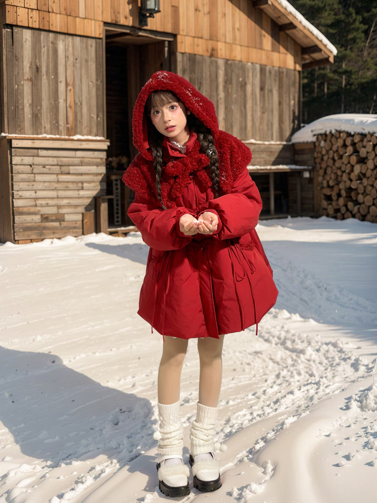 Little Red Riding Hood Down Coat with Detachable Hood-ntbhshop