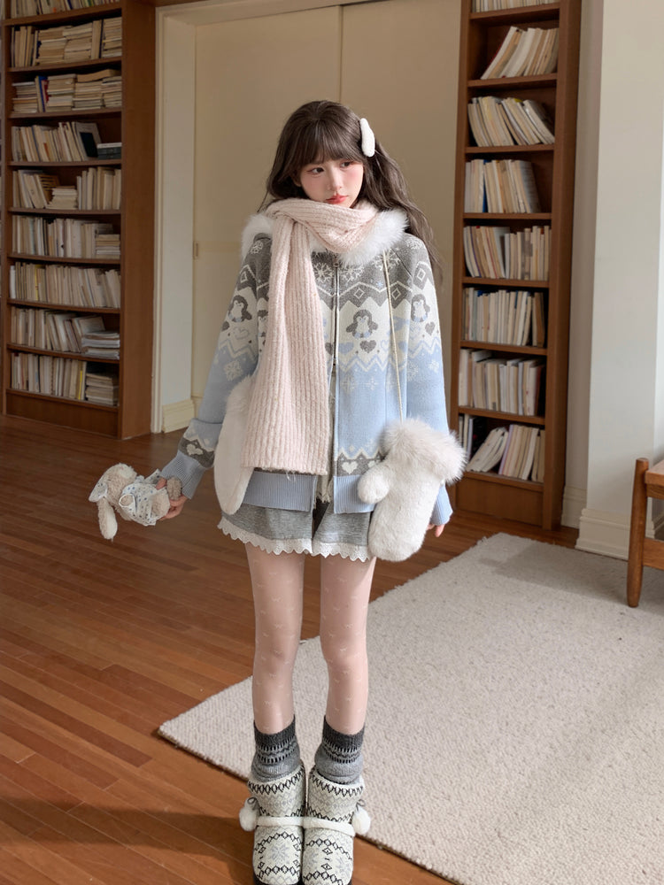 Cloud Heart Fair Isle Knit Jacket-Outerwear-ntbhshop