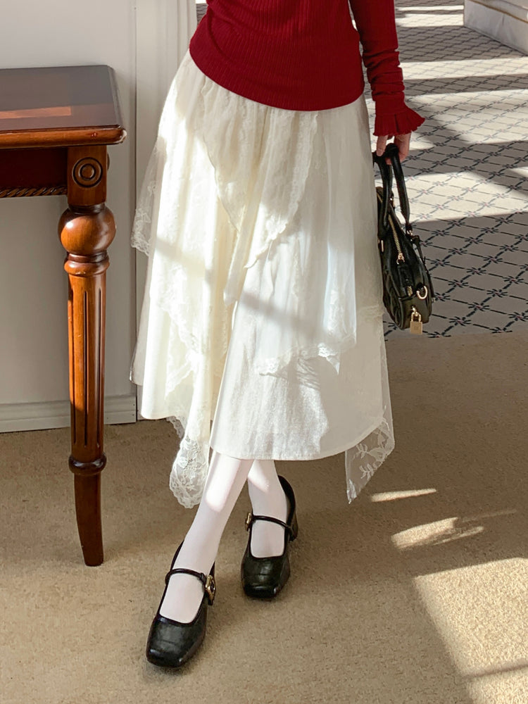 Snow Veil Lace Midi Skirt-Bottoms-ntbhshop