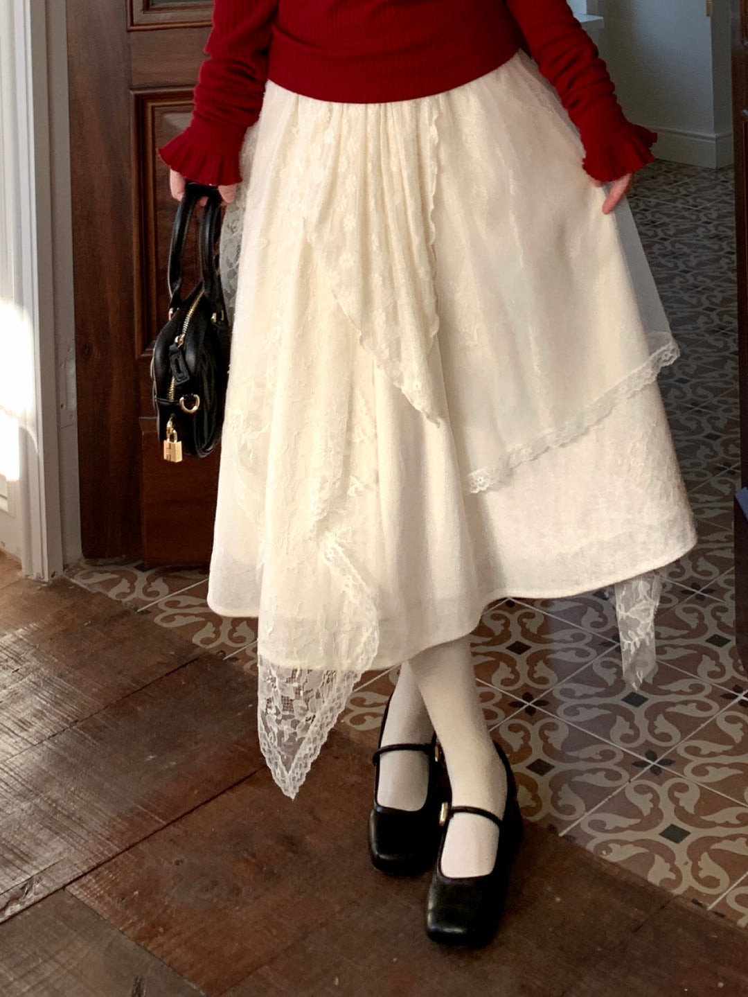 Snow Veil Lace Midi Skirt-Bottoms-ntbhshop