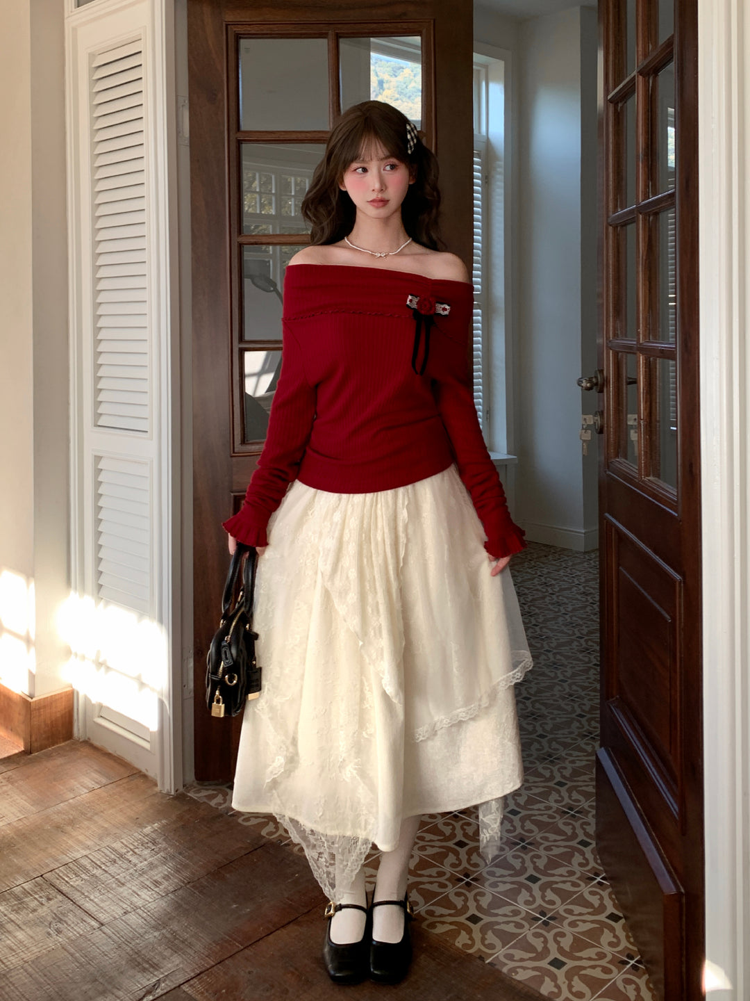 Snow Veil Lace Midi Skirt-Bottoms-ntbhshop