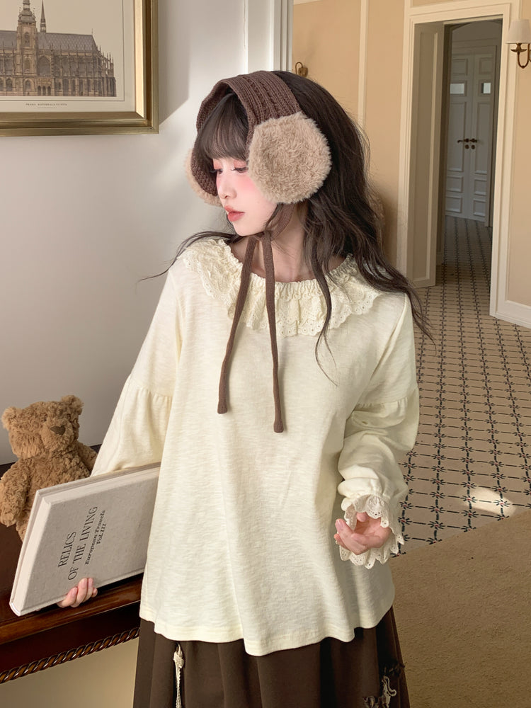 Apricot Milk Lace Collar Blouse-Tops-ntbhshop