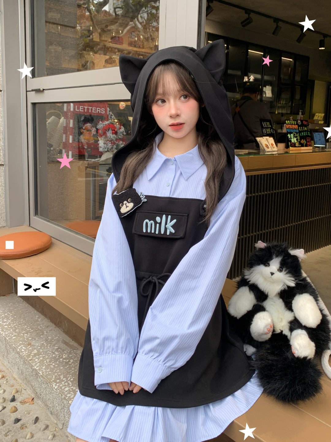 Milk Cat Hooded Shirt Dress-Dresses-ntbhshop