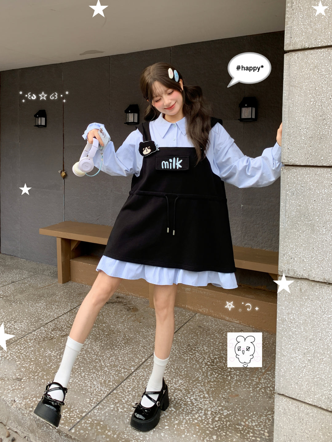 Milk Cat Hooded Shirt Dress-Dresses-ntbhshop