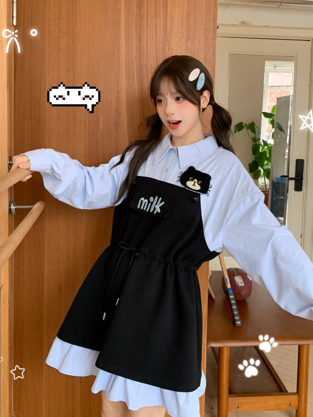 Milk Cat Hooded Shirt Dress-Dresses-ntbhshop