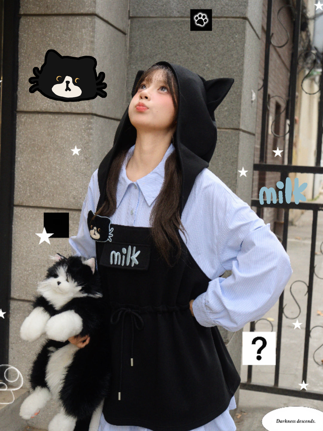 Milk Cat Hooded Shirt Dress-Dresses-ntbhshop