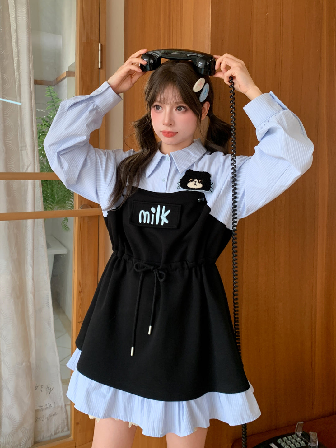 Milk Cat Hooded Shirt Dress-Dresses-ntbhshop