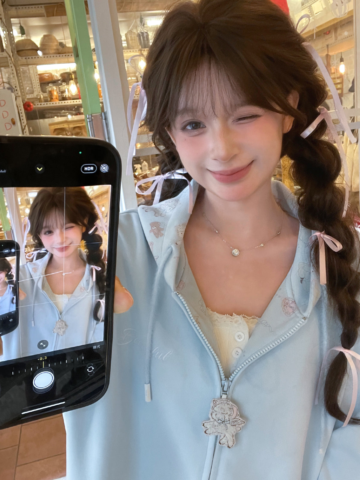 After Tea Blue Lamb Hooded Jacket-Outerwear-ntbhshop