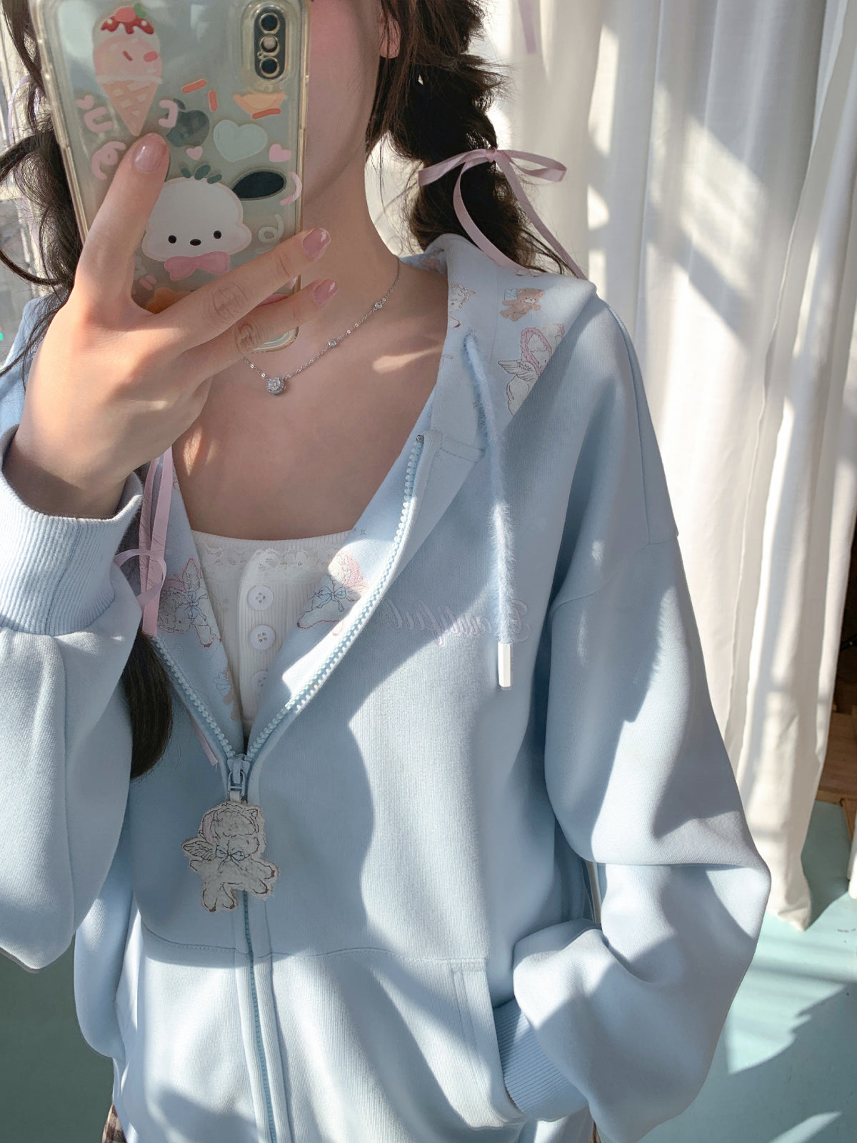 After Tea Blue Lamb Hooded Jacket-Outerwear-ntbhshop