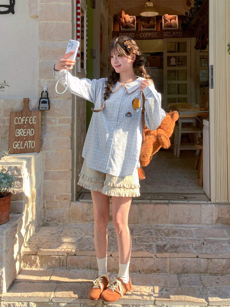 Cat Snack Plaid Collar Shirt-Tops-ntbhshop