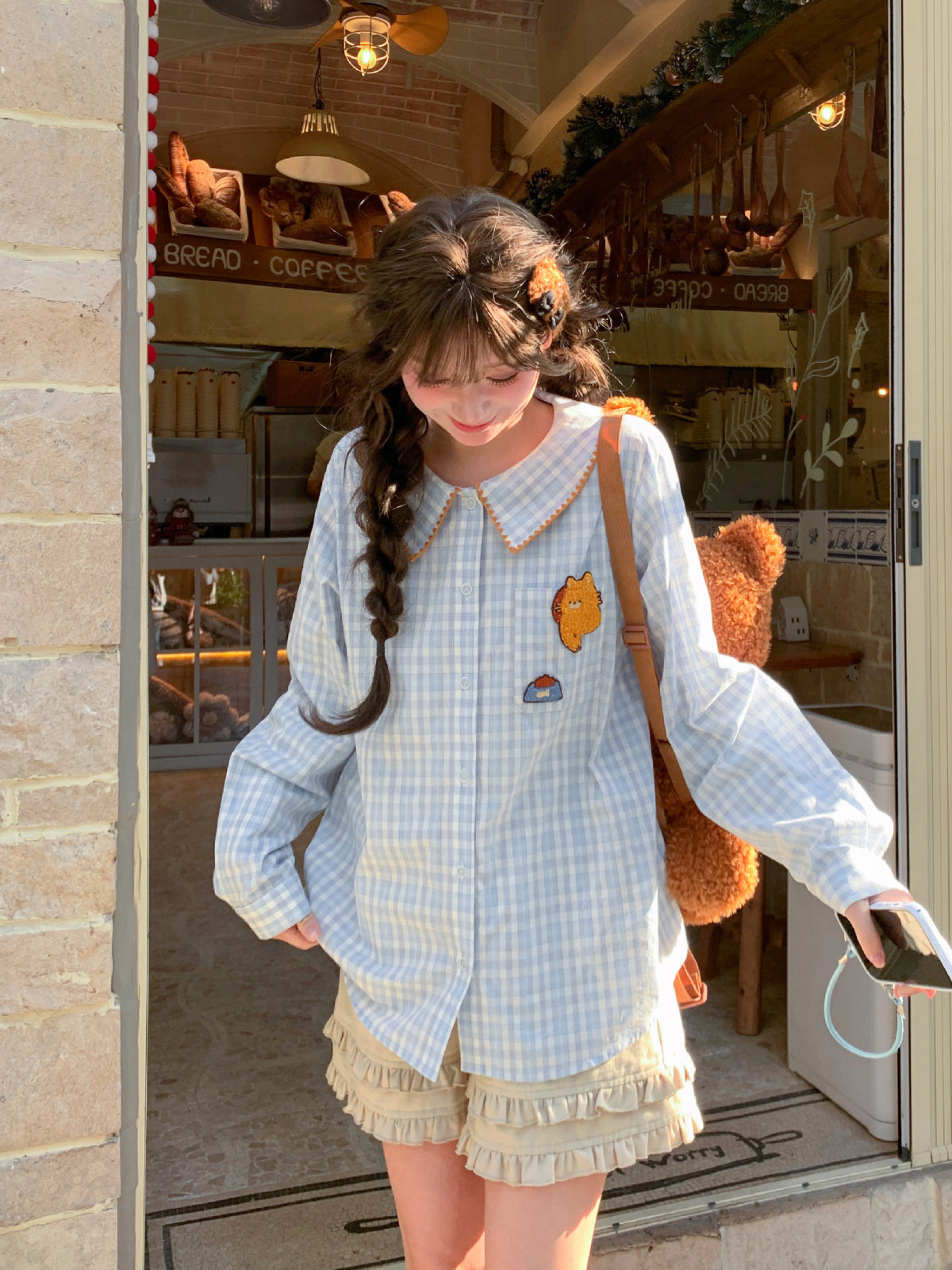 Cat Snack Plaid Collar Shirt-Tops-ntbhshop