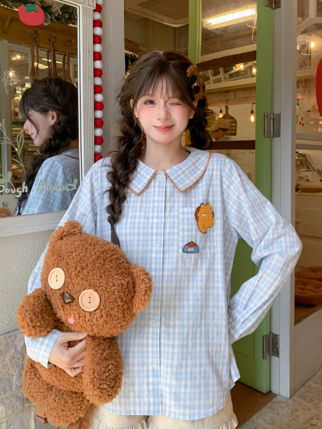 Cat Snack Plaid Collar Shirt-Tops-ntbhshop