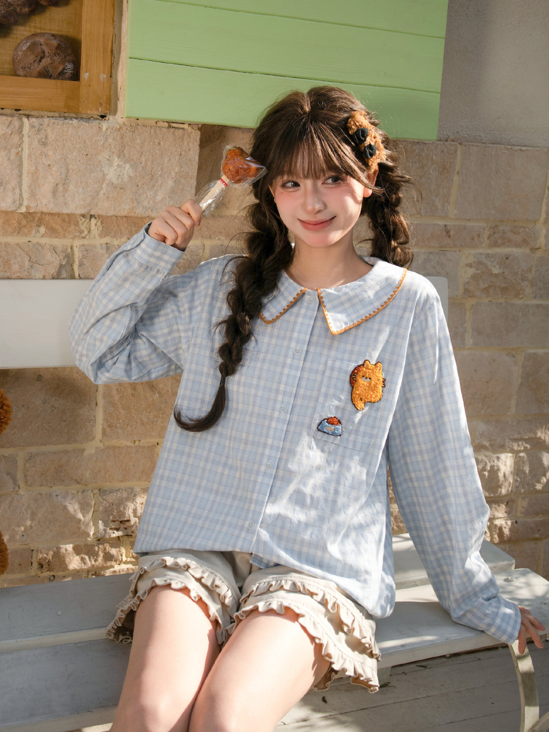 Cat Snack Plaid Collar Shirt-Tops-ntbhshop