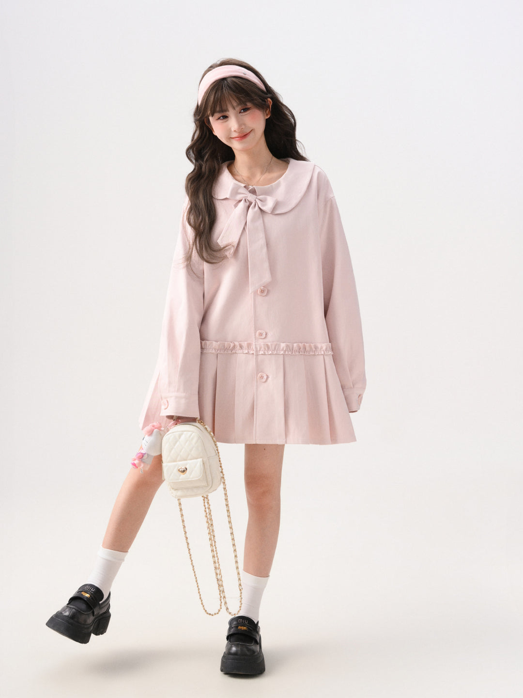 Blush Ribbon Pleat Coat Dress