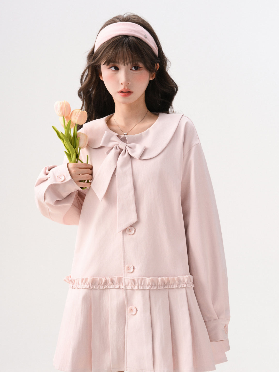 Blush Ribbon Pleat Coat Dress