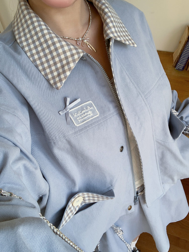 Cloud Frost Plaid Crop Jacket-Outerwear-ntbhshop