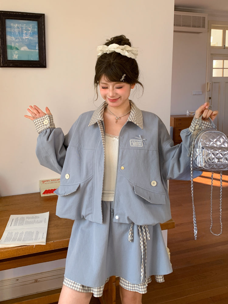 Cloud Frost Plaid Crop Jacket-Outerwear-ntbhshop