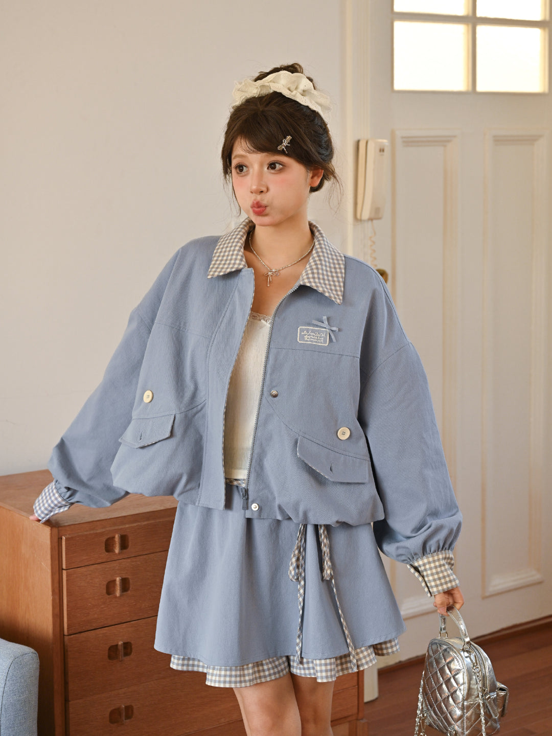 Cloud Frost Plaid Crop Jacket-Outerwear-ntbhshop