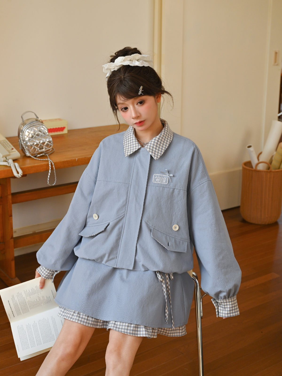 Cloud Frost Plaid Crop Jacket-Outerwear-ntbhshop