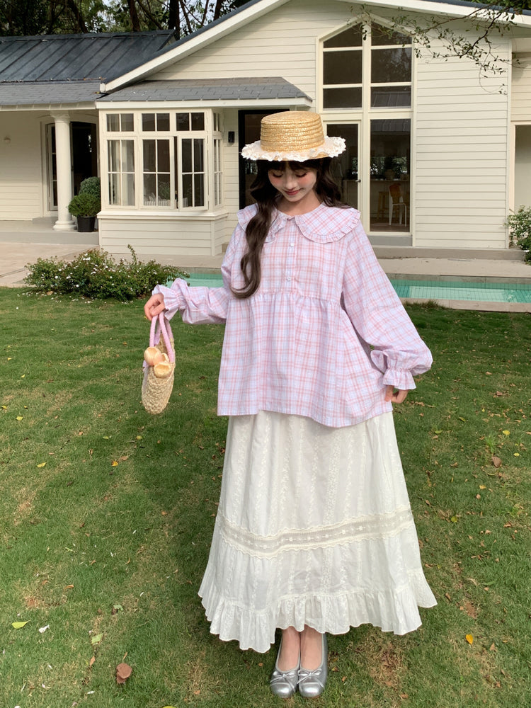 Blush Cloud Plaid Babydoll Blouse-Tops-ntbhshop