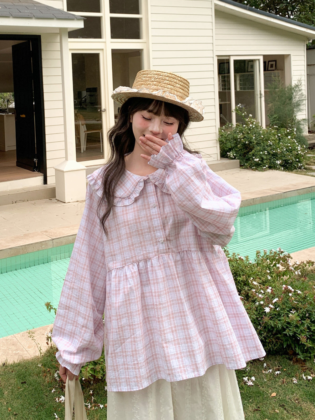 Blush Cloud Plaid Babydoll Blouse-Tops-ntbhshop