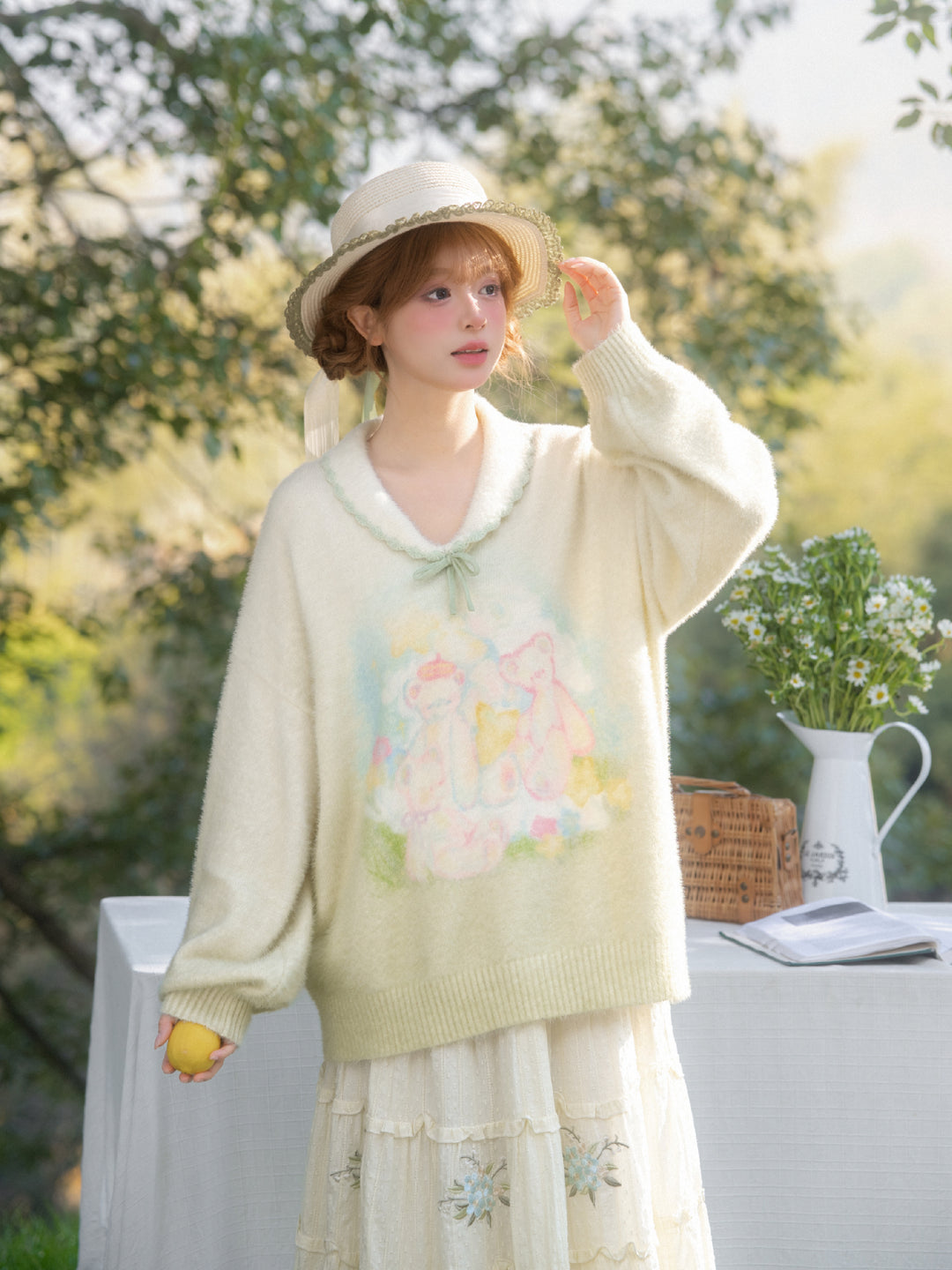 Garden Bear Knit Pullover Sweater-Tops-ntbhshop