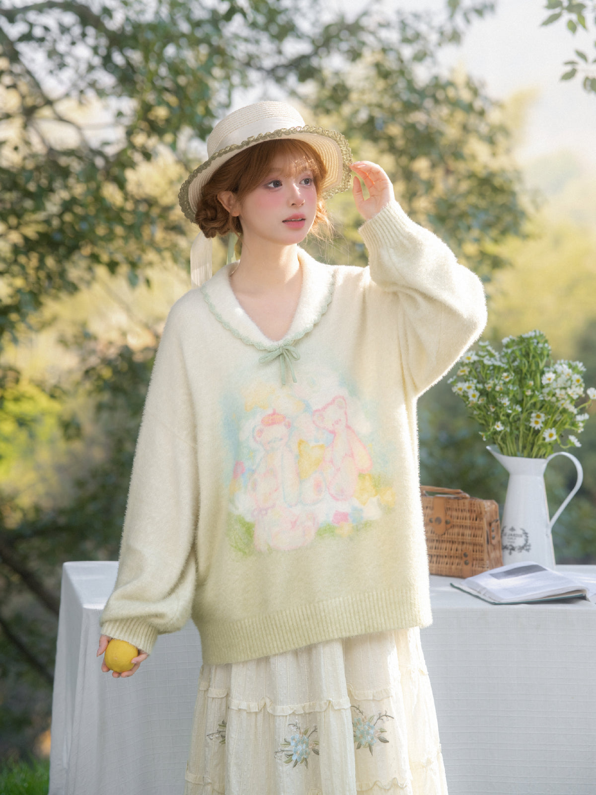Garden Bear Knit Pullover Sweater-Tops-ntbhshop