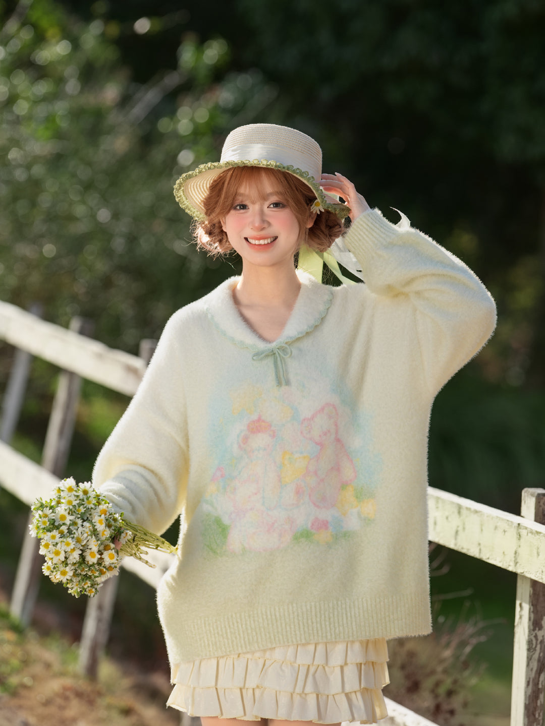 Garden Bear Knit Pullover Sweater-Tops-ntbhshop