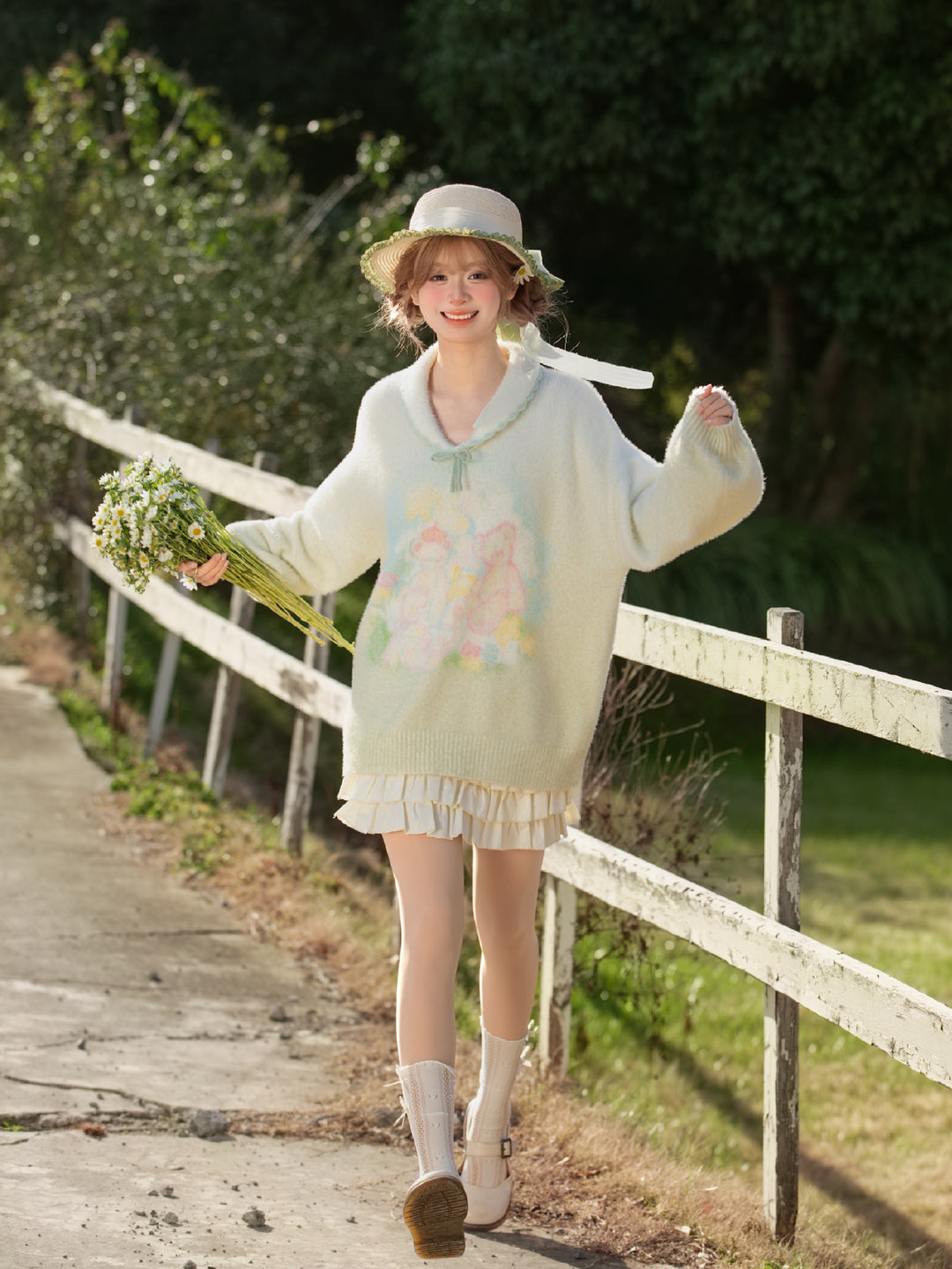 Garden Bear Knit Pullover Sweater-Tops-ntbhshop