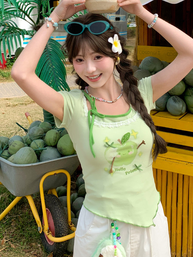 Green Apple Ribbon Crop Top-Tops-ntbhshop