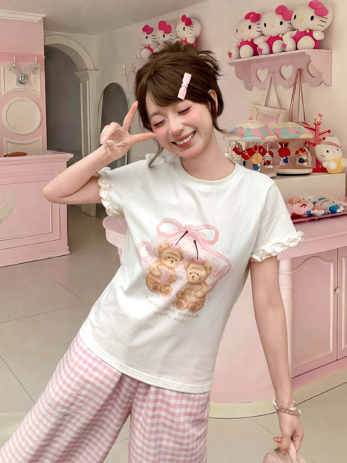 Cherry Ribbon Bear Cotton Tee-Tops-ntbhshop
