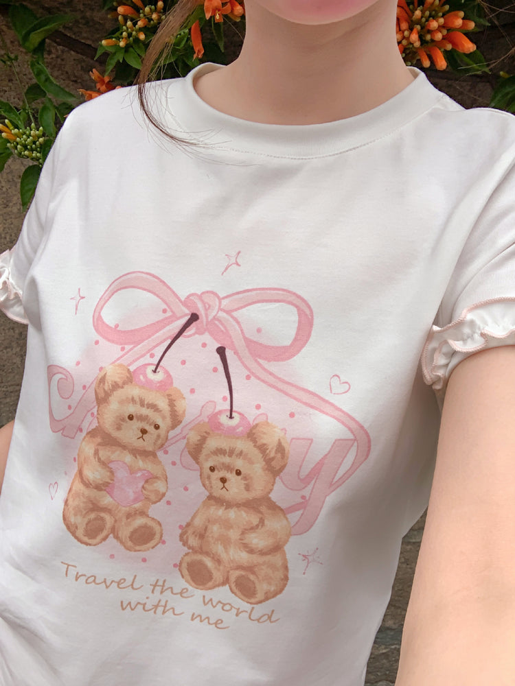 Cherry Ribbon Bear Cotton Tee-Tops-ntbhshop