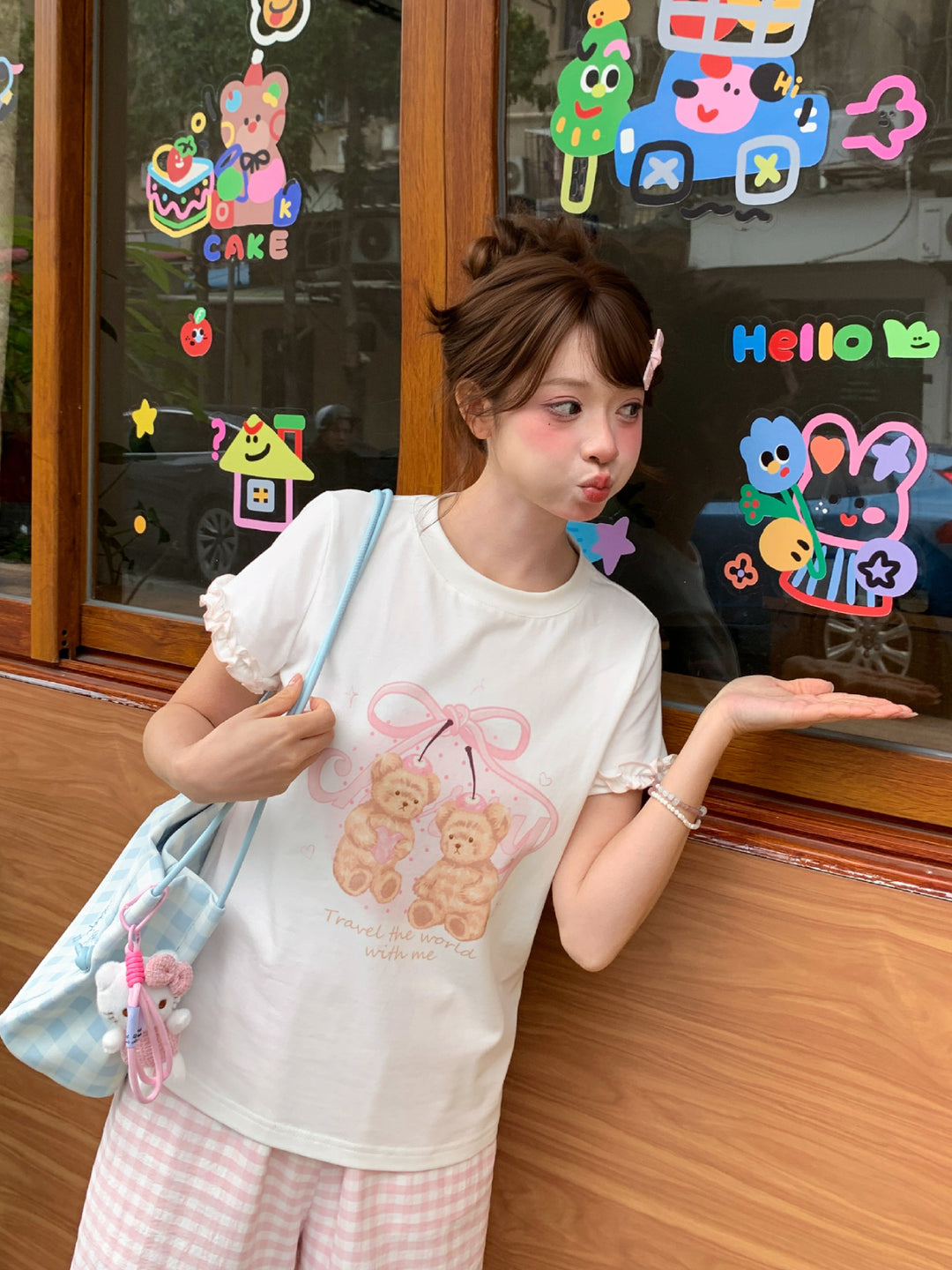 Cherry Ribbon Bear Cotton Tee-Tops-ntbhshop