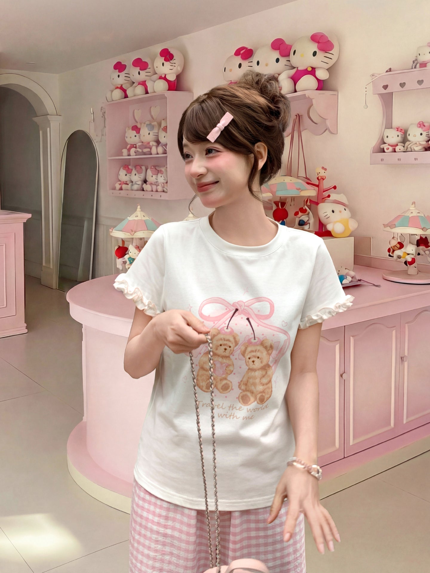 Cherry Ribbon Bear Cotton Tee-Tops-ntbhshop