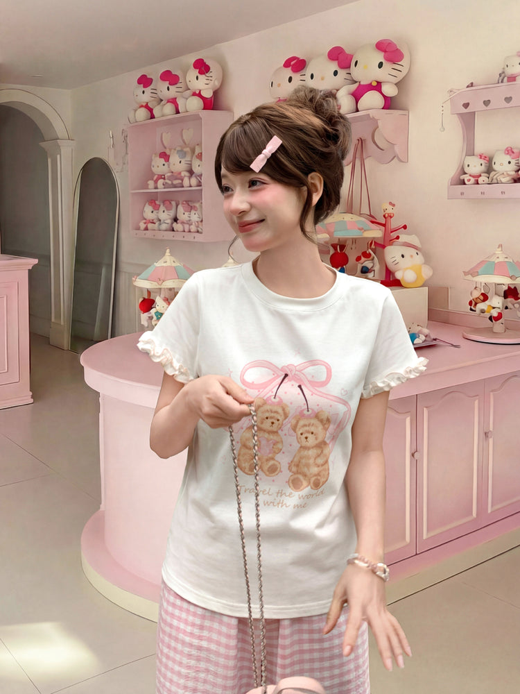 Cherry Ribbon Bear Cotton Tee-Tops-ntbhshop