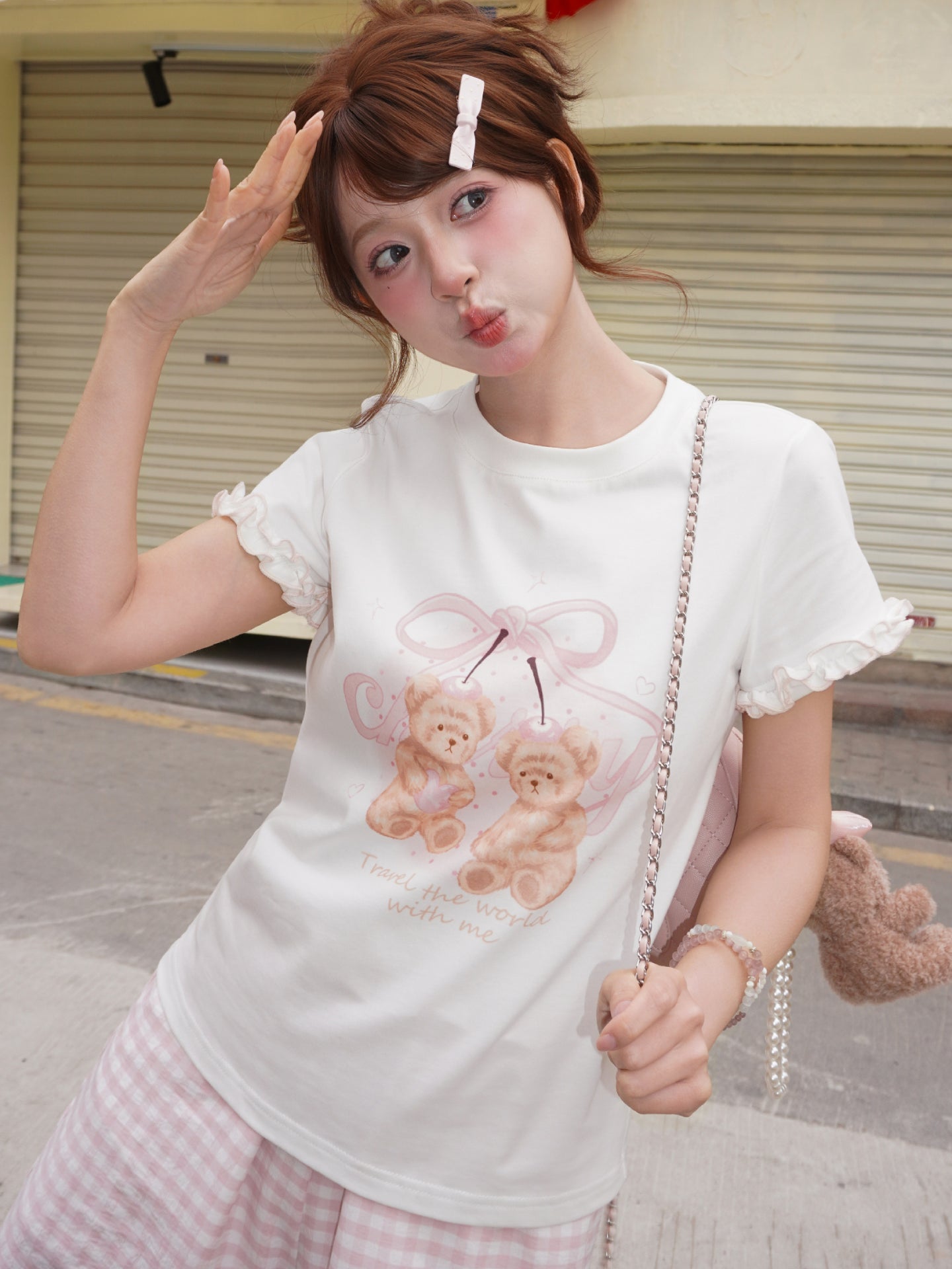 Cherry Ribbon Bear Cotton Tee-Tops-ntbhshop