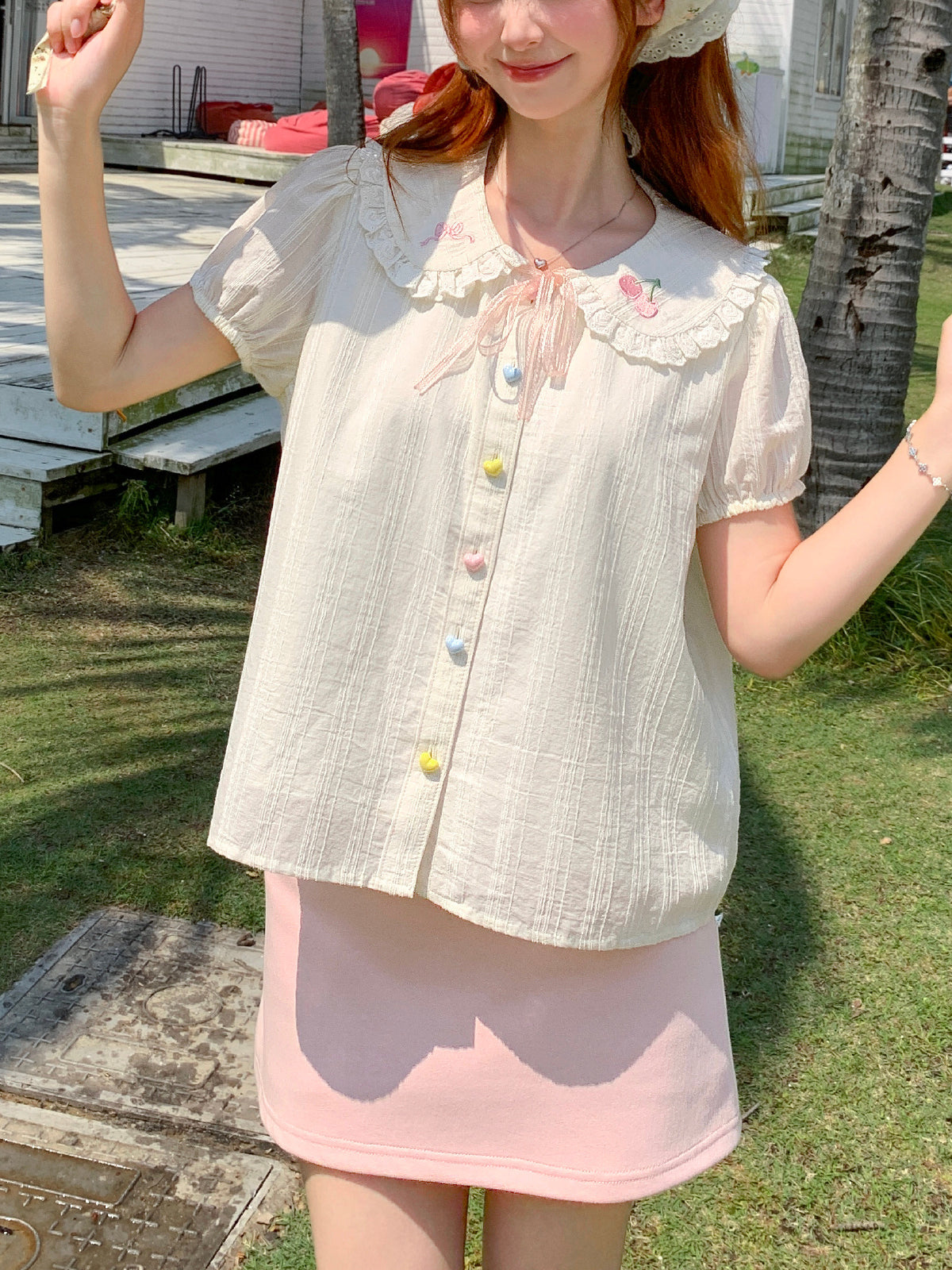 Cherry Heart Doll Collar Blouse-Tops-ntbhshop