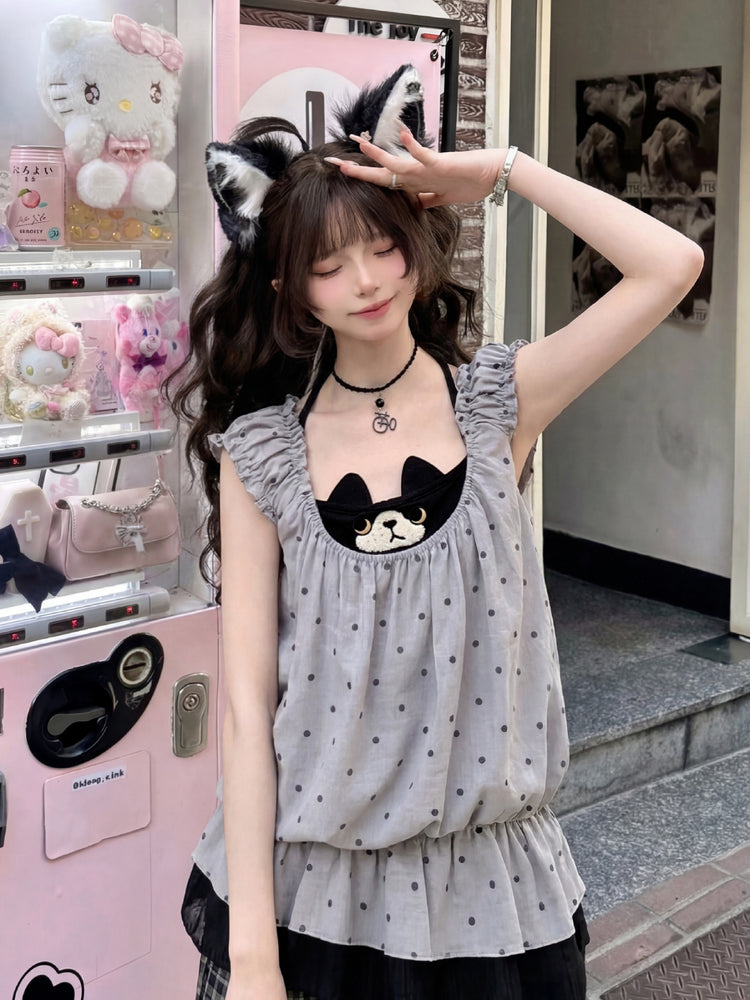 Milk Cat Halter Dress-Tops-ntbhshop