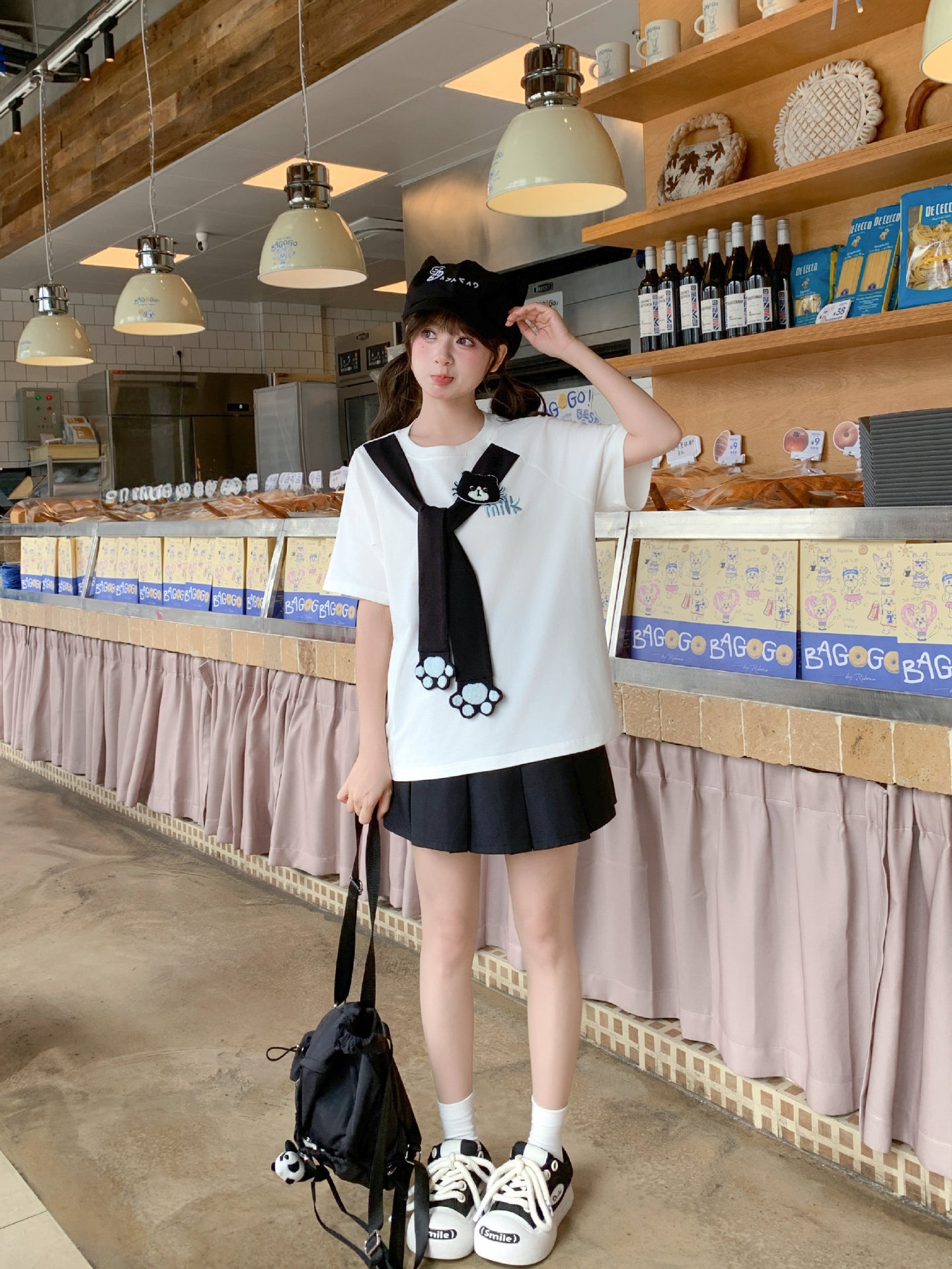Milk Cat Paw Scarf Tee-Tops-ntbhshop