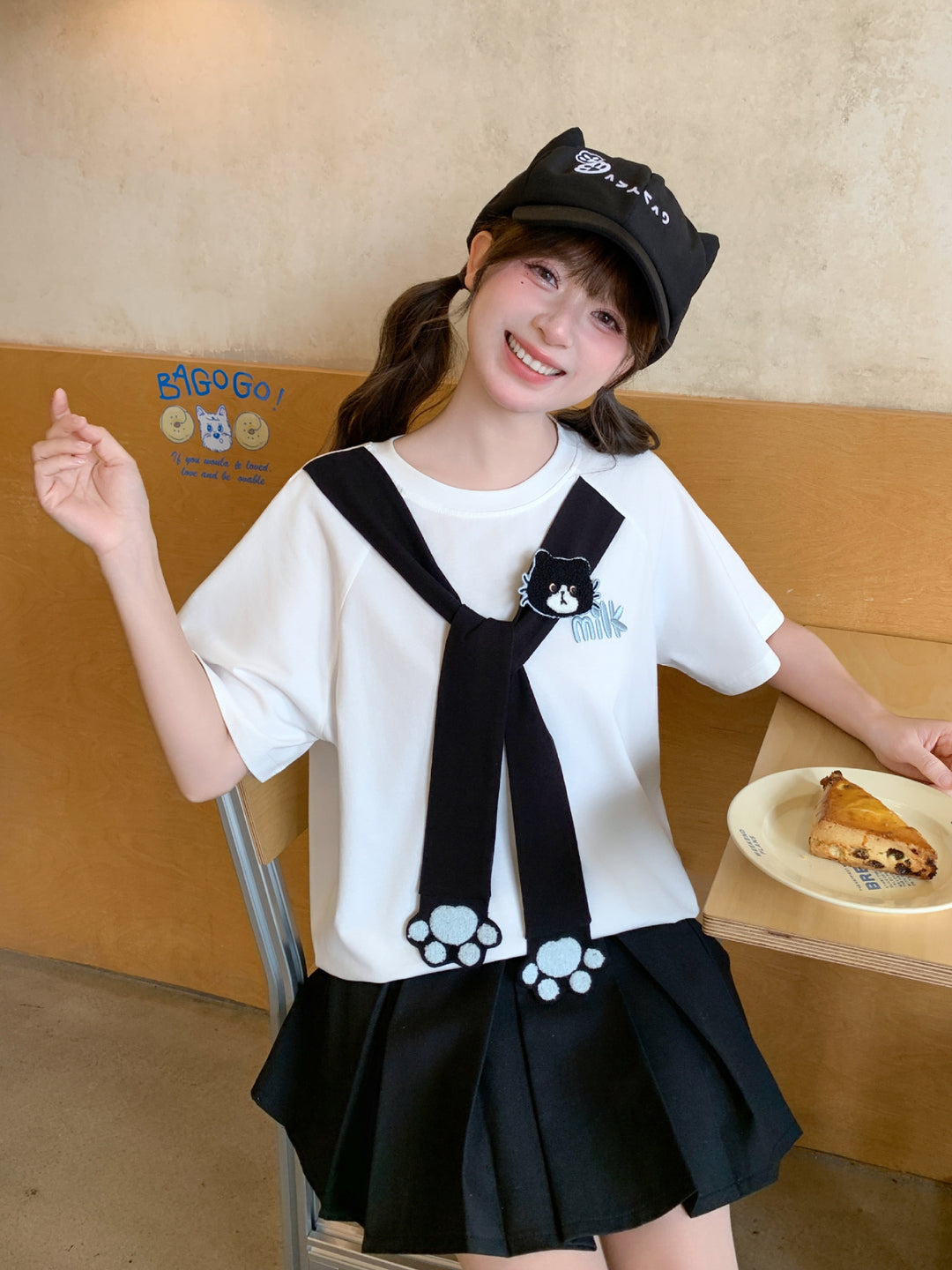 Milk Cat Paw Scarf Tee-Tops-ntbhshop