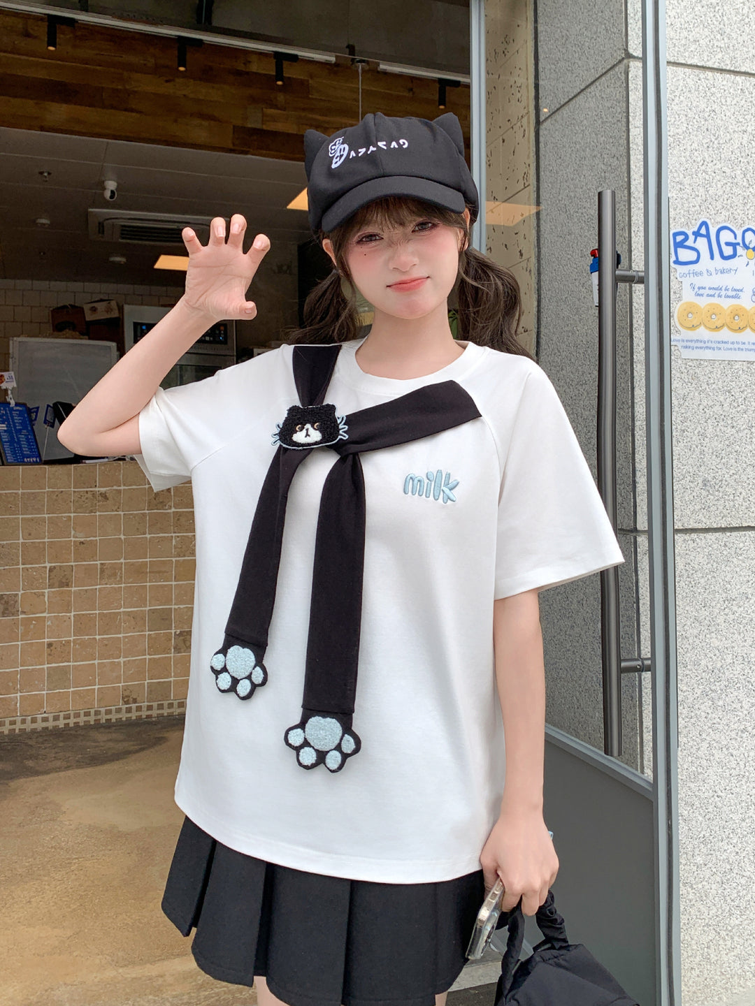 Milk Cat Paw Scarf Tee-Tops-ntbhshop