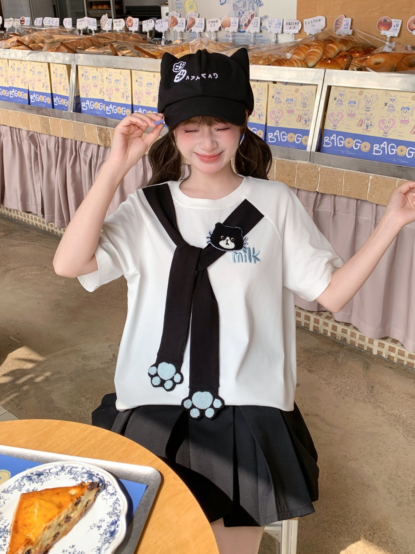 Milk Cat Paw Scarf Tee-Tops-ntbhshop