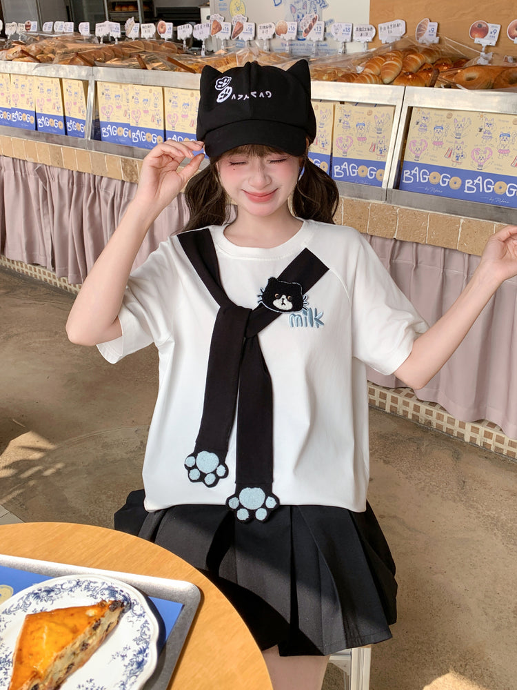 Milk Cat Paw Scarf Tee-Tops-ntbhshop