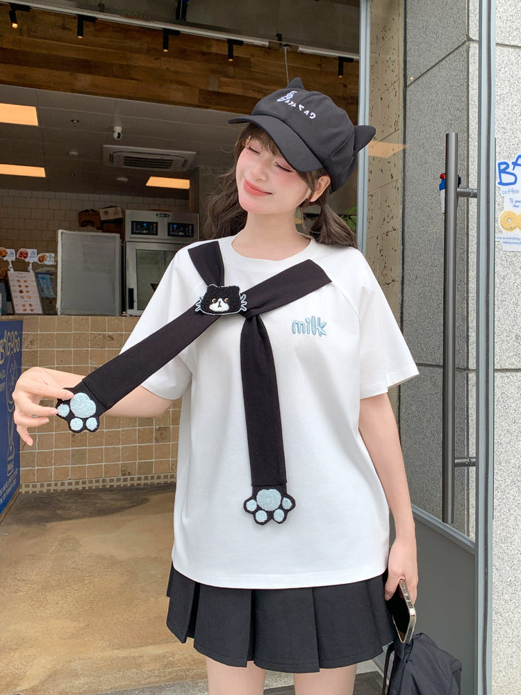Milk Cat Paw Scarf Tee-Tops-ntbhshop